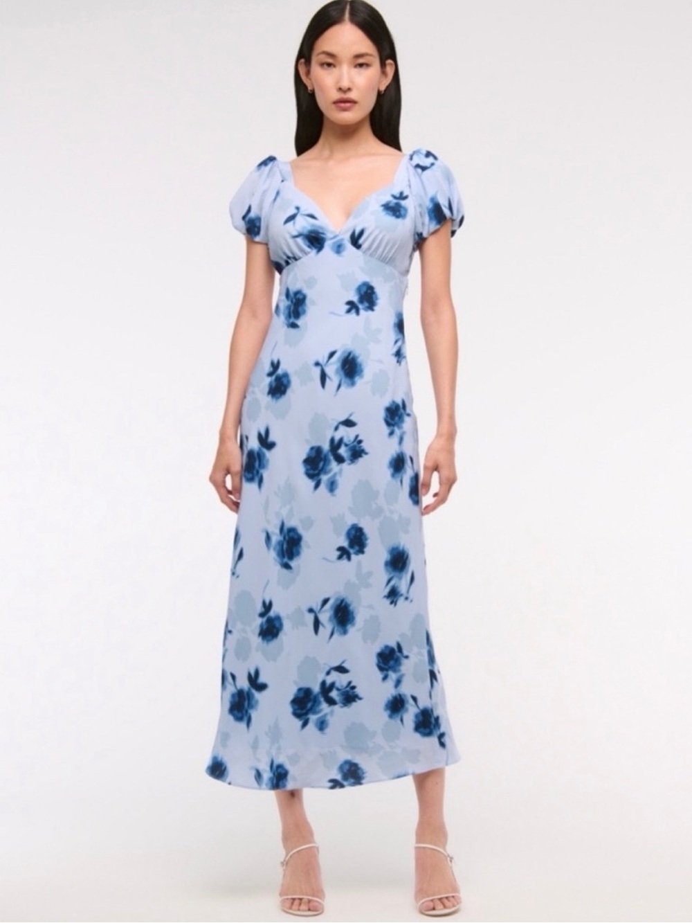 Abercrombie & Fitch Light Blue Floral Puff-Sleeve Maxi Dress